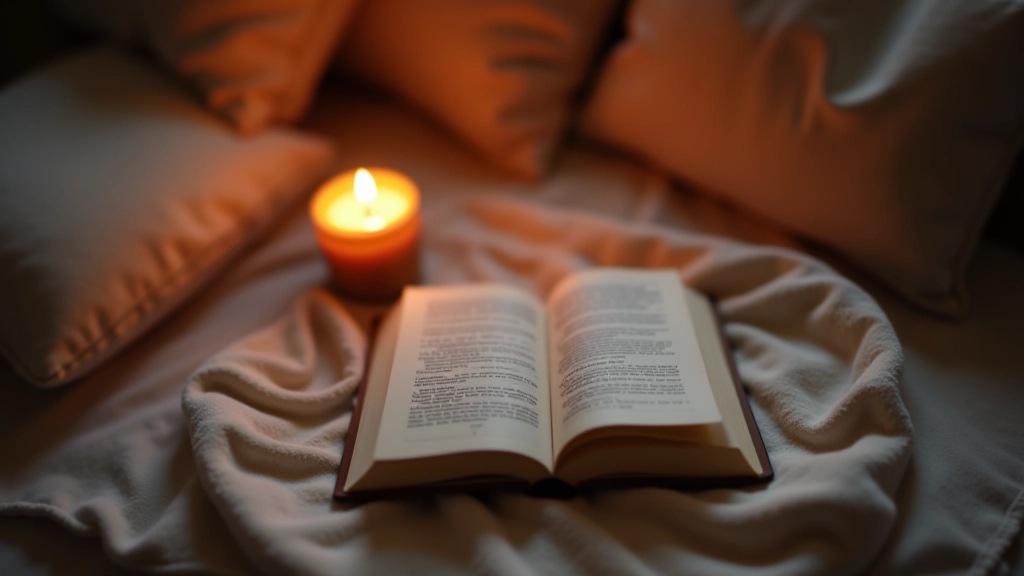 Espaço tranquilo de relaxamento com vela acesa e livro aberto