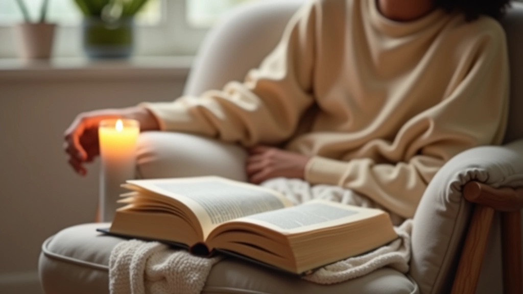Espaço pessoal de relaxamento com livro e vela acesa, representando tempo para si mesmo