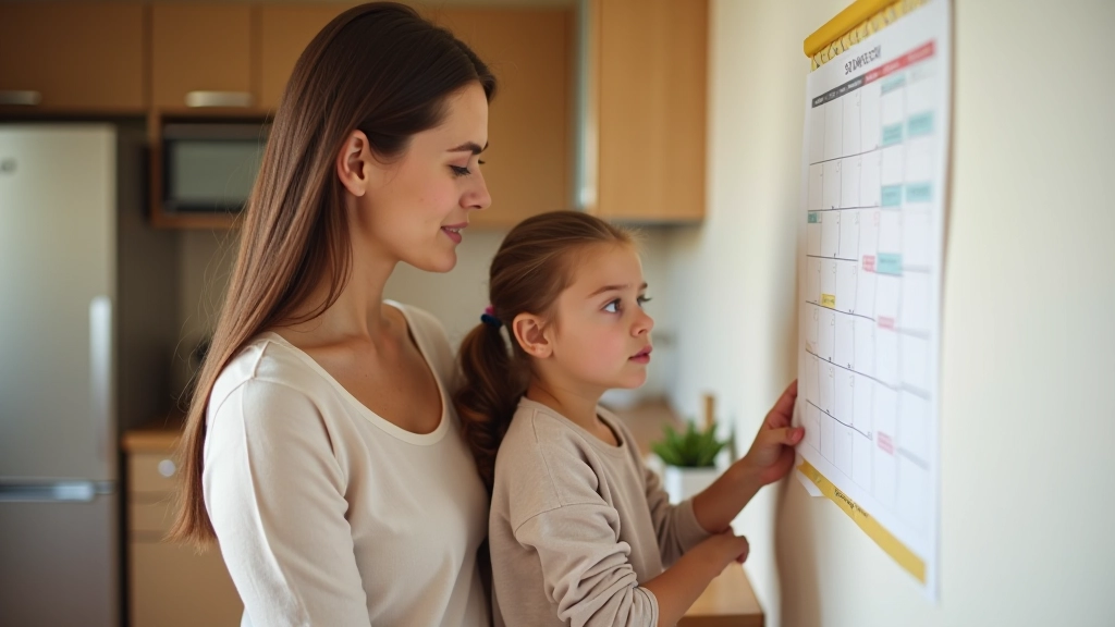Mãe e filha a organizar agenda familiar em calendário pendurado