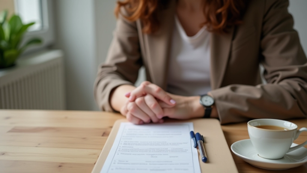 Mulher a olhar para relógio com expressão de pensamento, mesa com tarefas domésticas anotadas